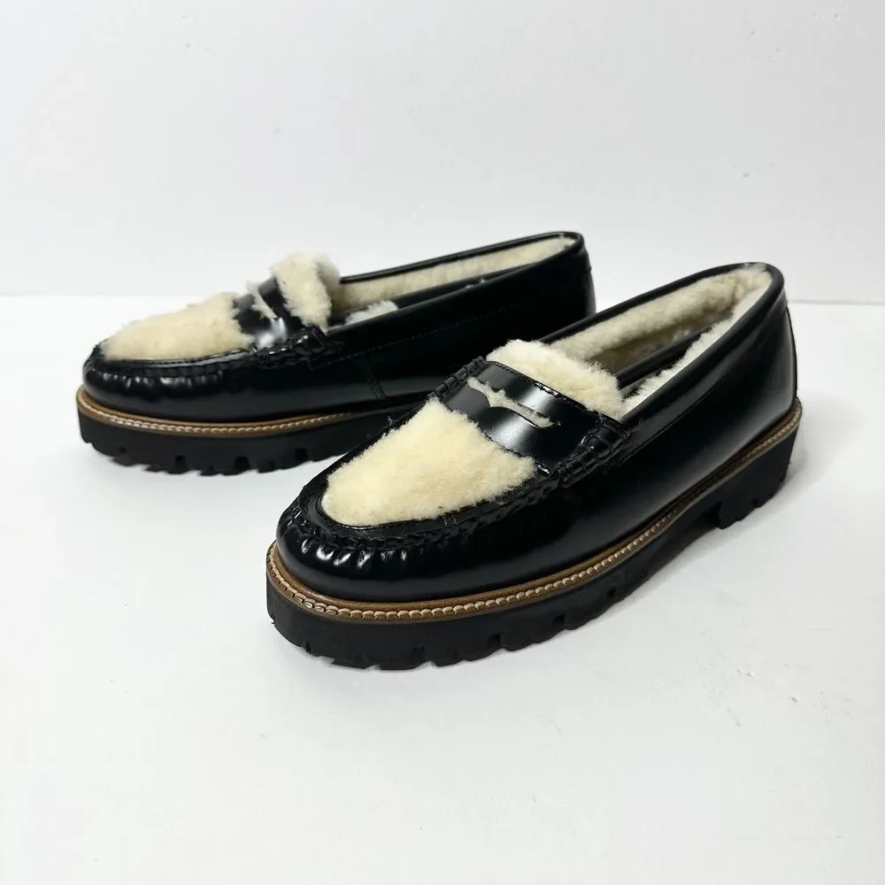 GH BASS Loafer Women 5.5 Black Leather Shearling Whitney Cozy Weejun Lug NEW